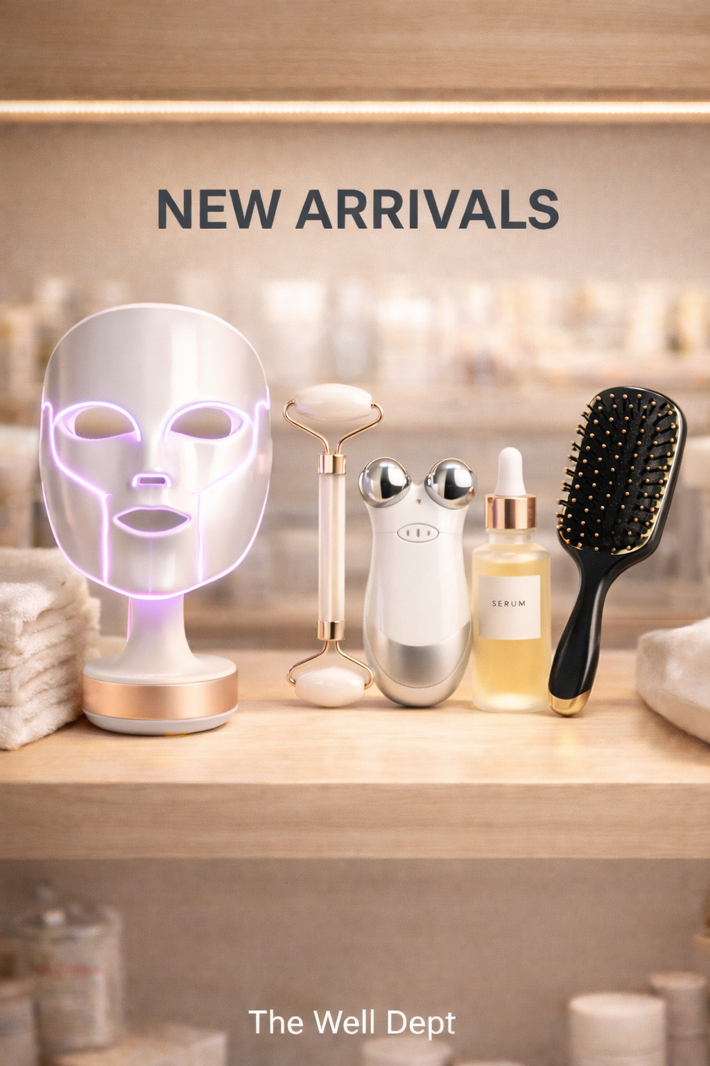 New arrivals banner with LED facial mask, facial roller, microcurrent device and hairbrush on a vanity.