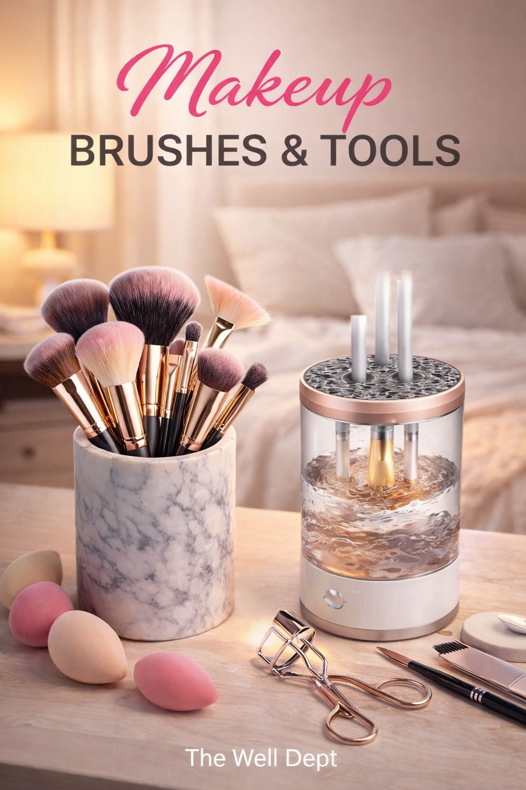 “Brushes & Tools” banner with makeup brushes in a holder and an electric makeup brush cleaner on a vanity.
