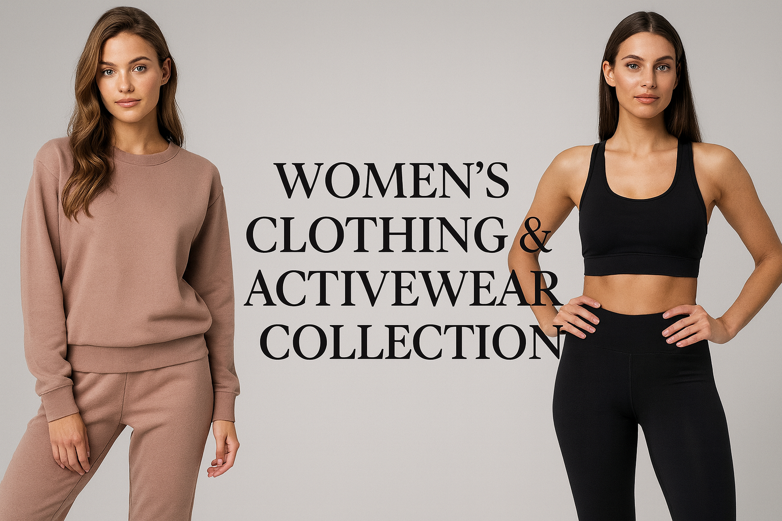 women’s clothing and activewear outfits including leggings tops and fashion wear