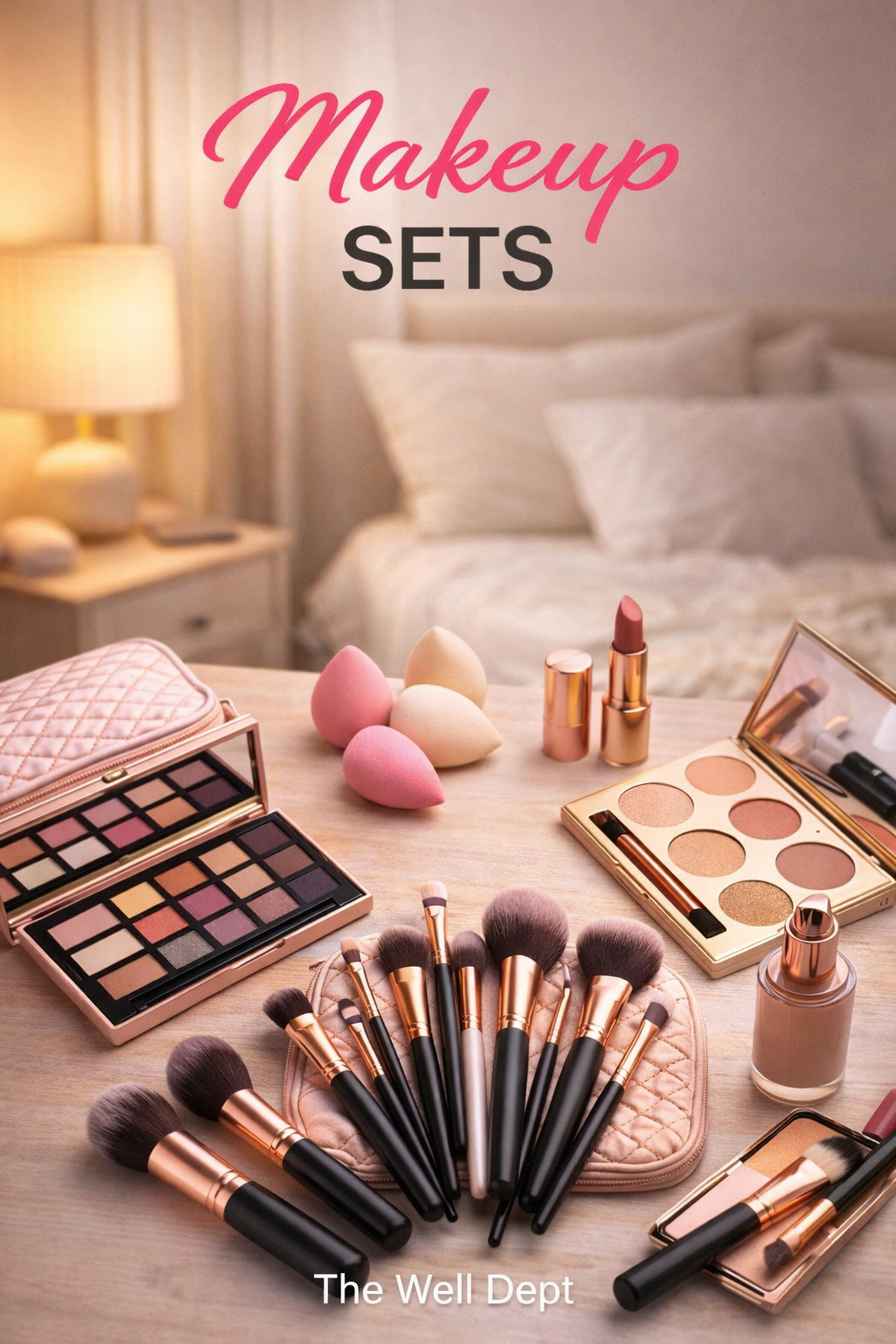 “Sets” banner with makeup palettes, brushes, lipstick and beauty sponges on a vanity by a bed.