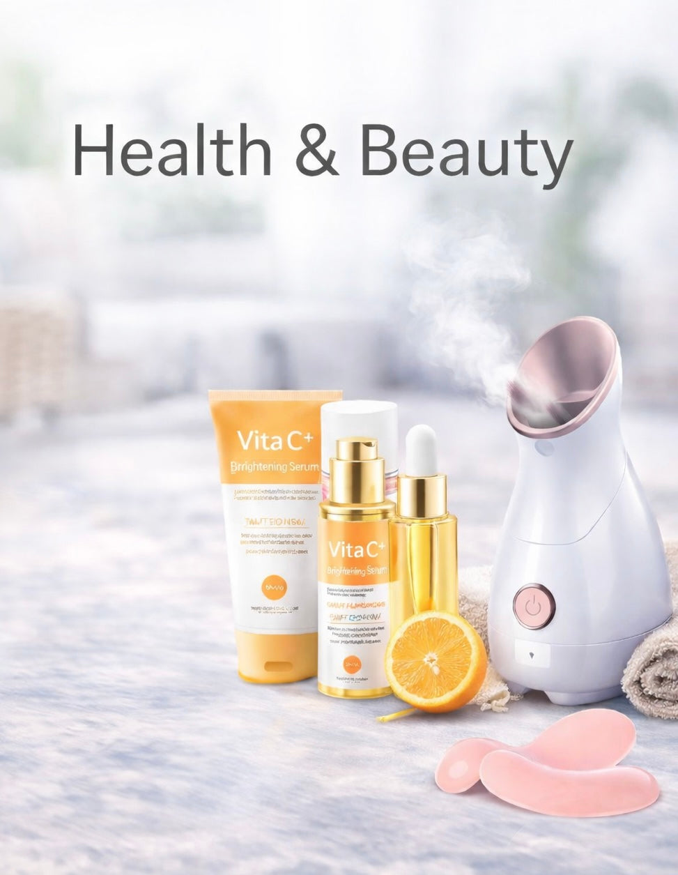 Health & Beauty banner with vitamin C skincare bottles and beauty tech facial steamer releasing mist.