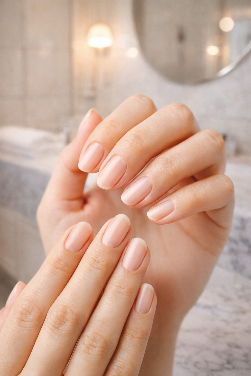 Close-up of hands showing nude-pink manicure with glossy almond-shaped nails.