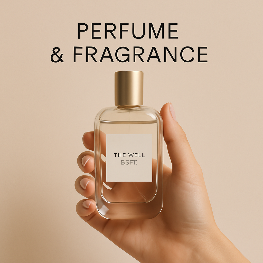 Hand holding an elegant glass perfume bottle with gold cap in front of a beige background, with the words “Perfume & Fragrance” above, product image for The Well Dept.