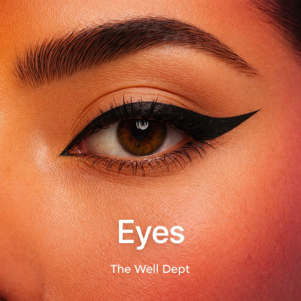 Close-up eye with black winged eyeliner and groomed eyebrow, “Eyes” text, The Well Dept logo.