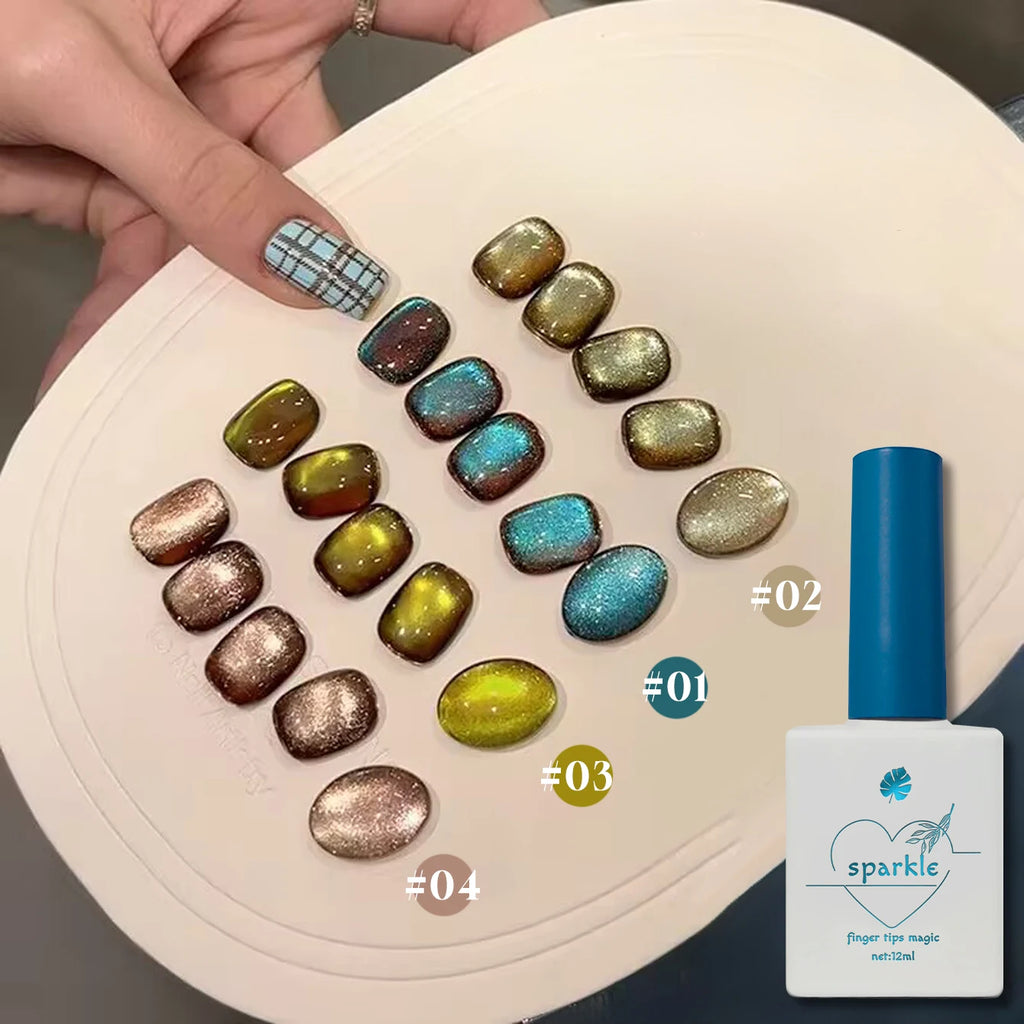 1/6PCS SS25 Cat Eye Gel Polish w/Glass Beads & Crystal, 5 Colors Salon DIY Nail Supplies Kit for Pro Nails Manicure