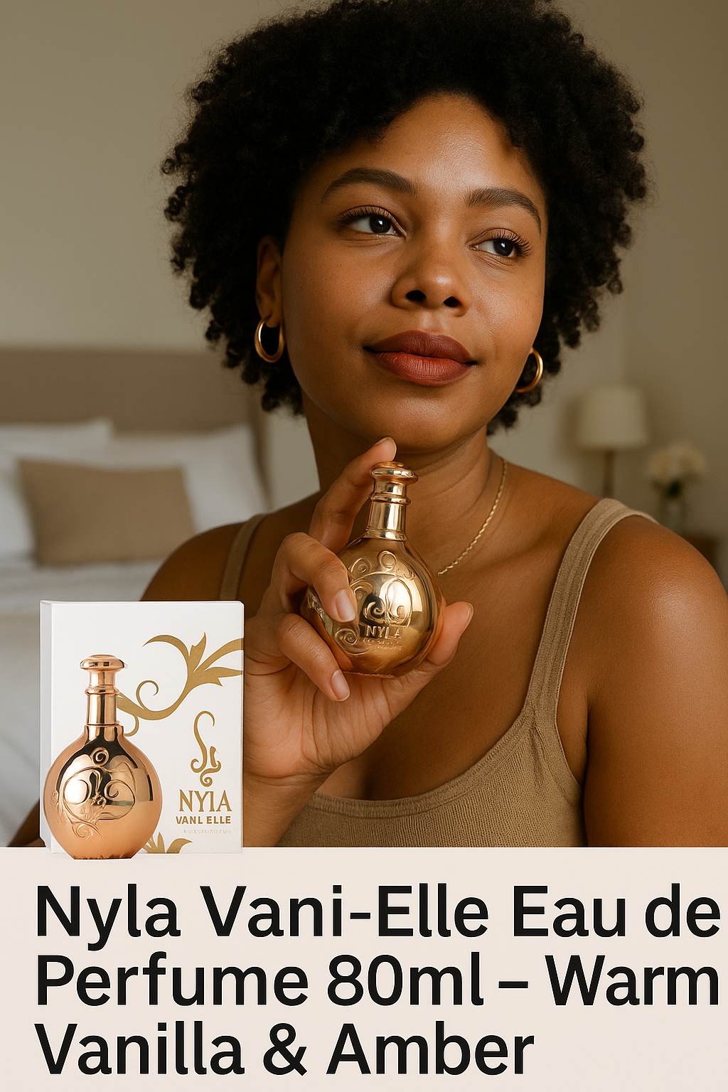 Woman holding Nyla Vani-Elle Eau de Parfum 80ml bottle with matching box in a warm bedroom setting