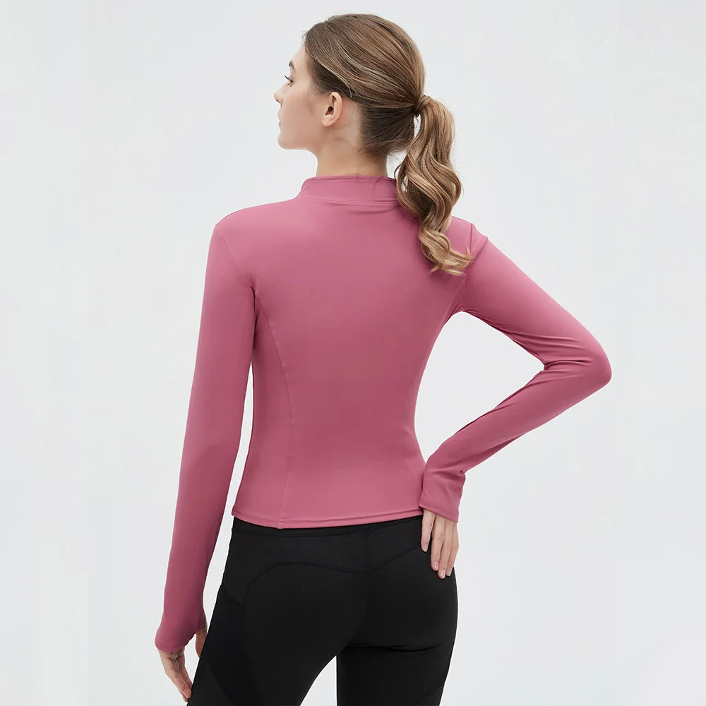 women’s fitness outfit side view zip jacket and slim fit yoga leggings