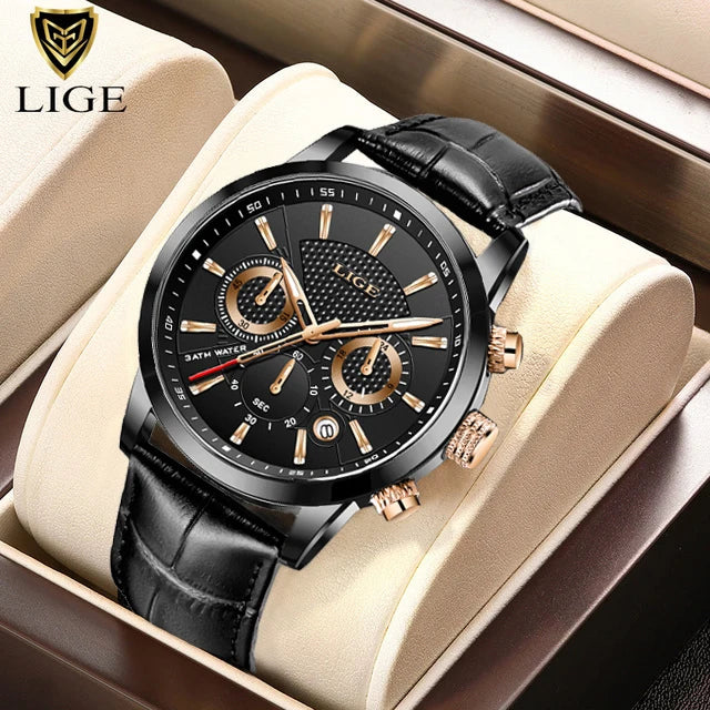 LIGE 2025 Men’s Leather Sport Quartz Watch – Waterproof, Luxury Design