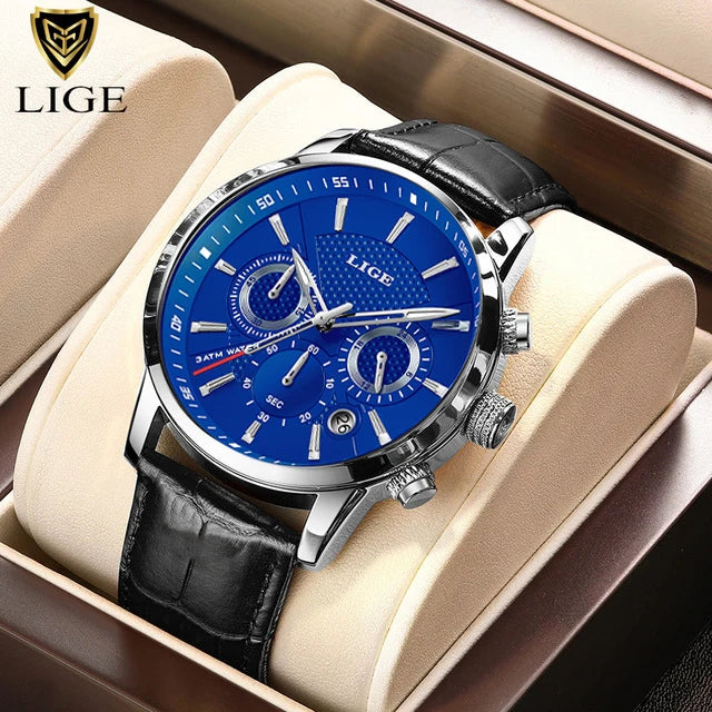 LIGE 2025 Men’s Leather Sport Quartz Watch – Waterproof, Luxury Design