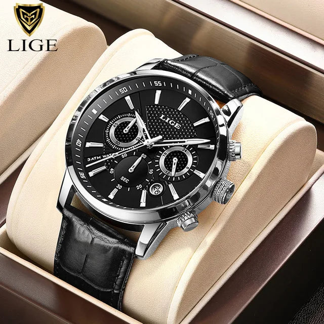 LIGE 2025 Men’s Leather Sport Quartz Watch – Waterproof, Luxury Design