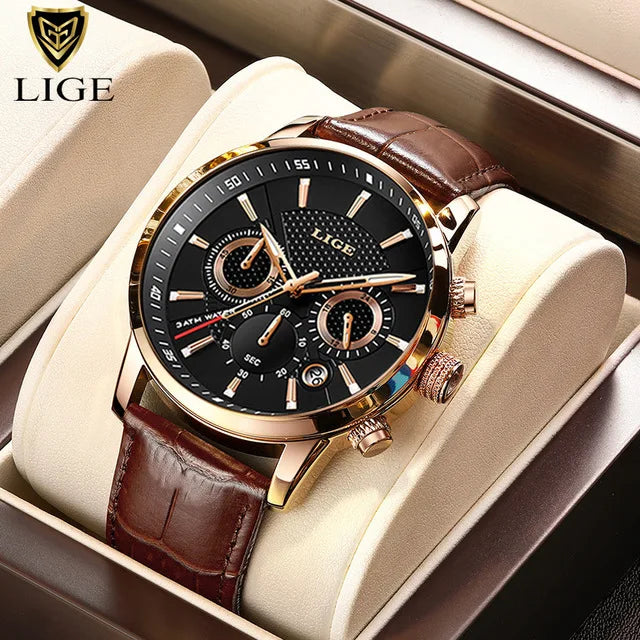 LIGE 2025 Men’s Leather Sport Quartz Watch – Waterproof, Luxury Design