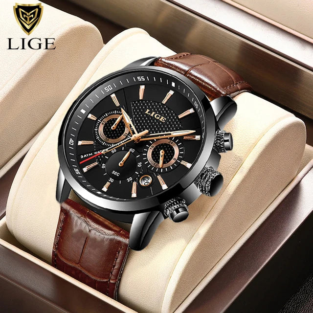 LIGE 2025 Men’s Leather Sport Quartz Watch – Waterproof, Luxury Design