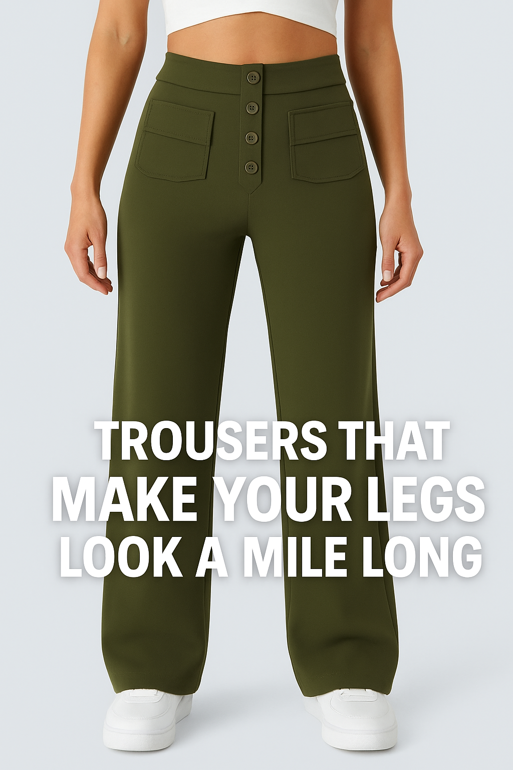 high waist straight-leg green trousers on model standing against white wall