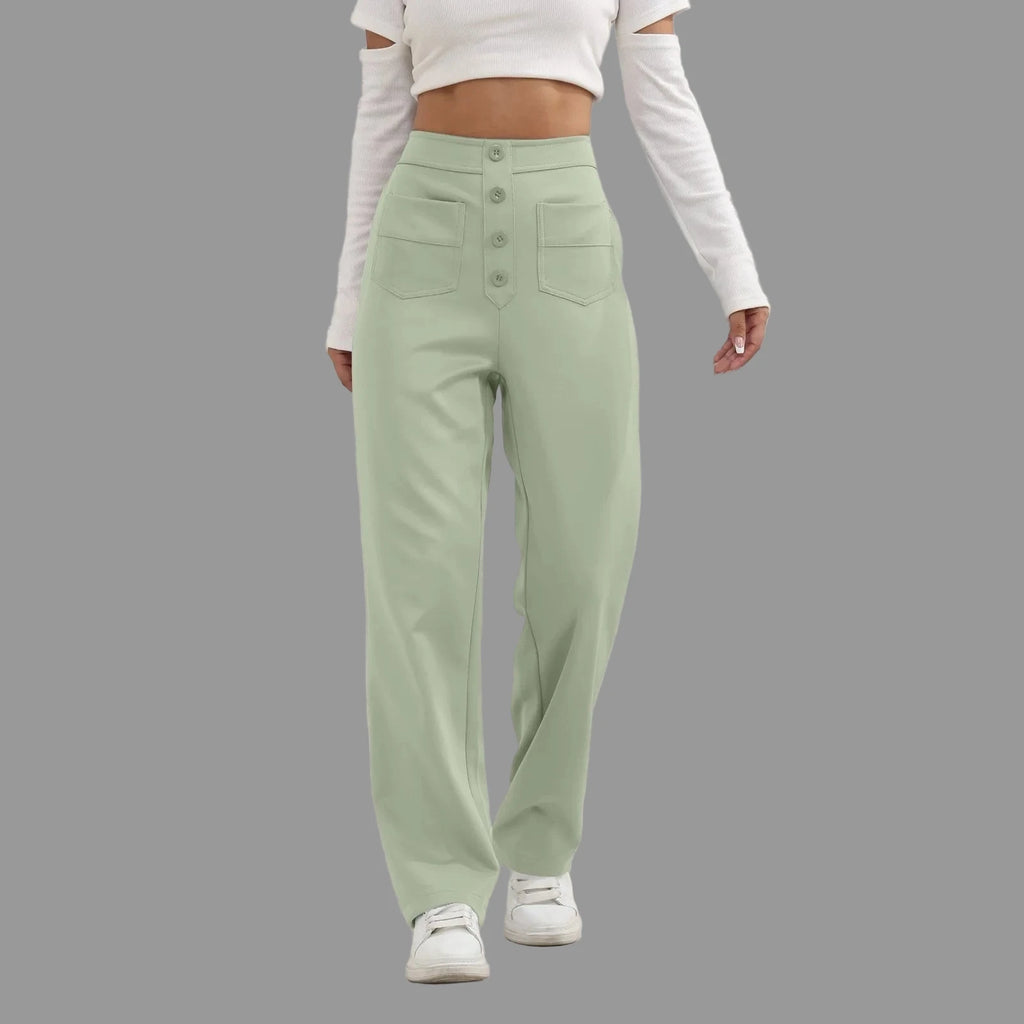 high waist straight-leg green trousers on model standing against white Mall
