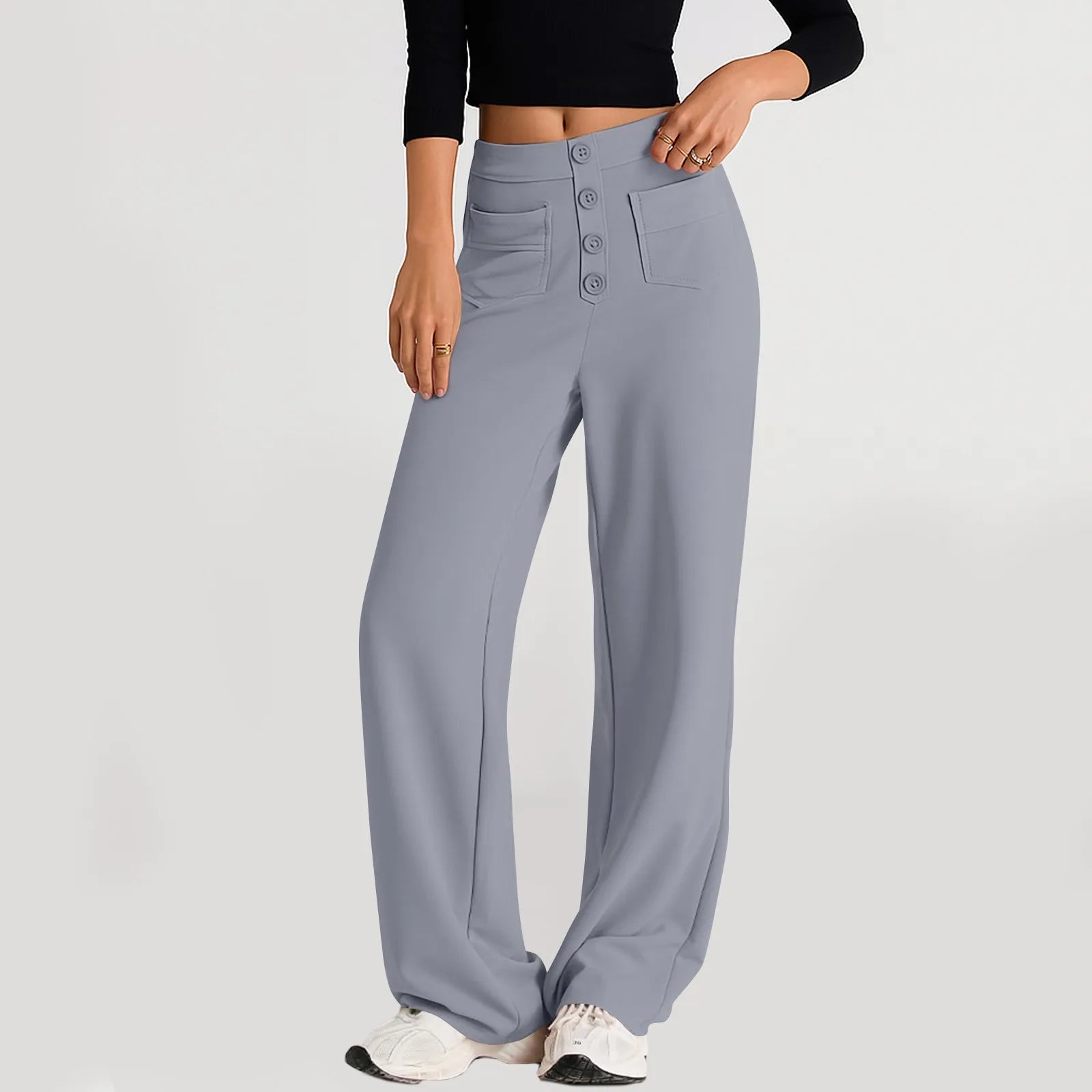 High Waist Straight-Leg Button Trousers