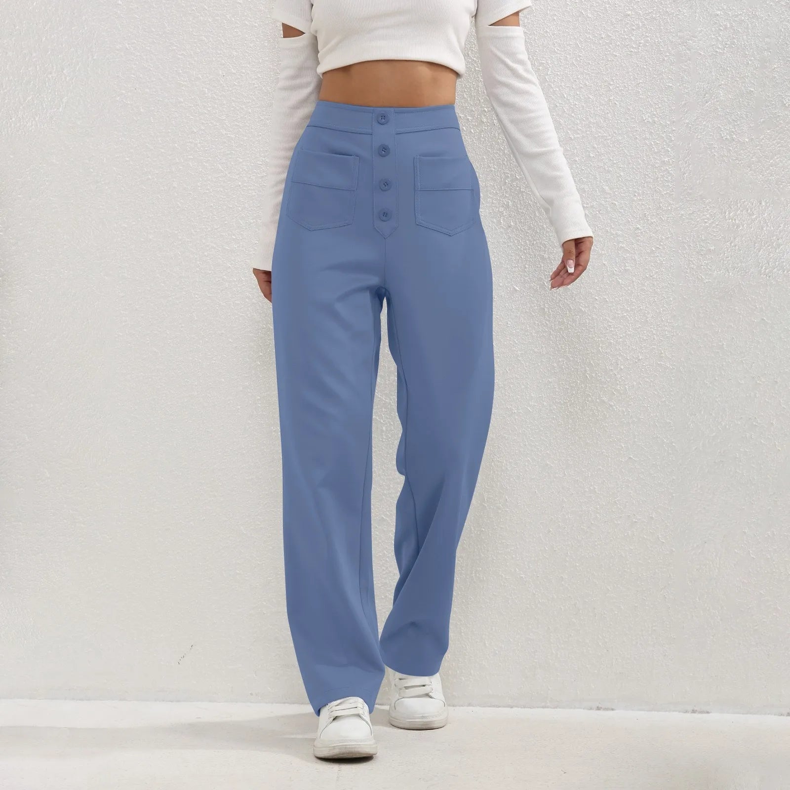 High Waist Straight-Leg Button Trousers