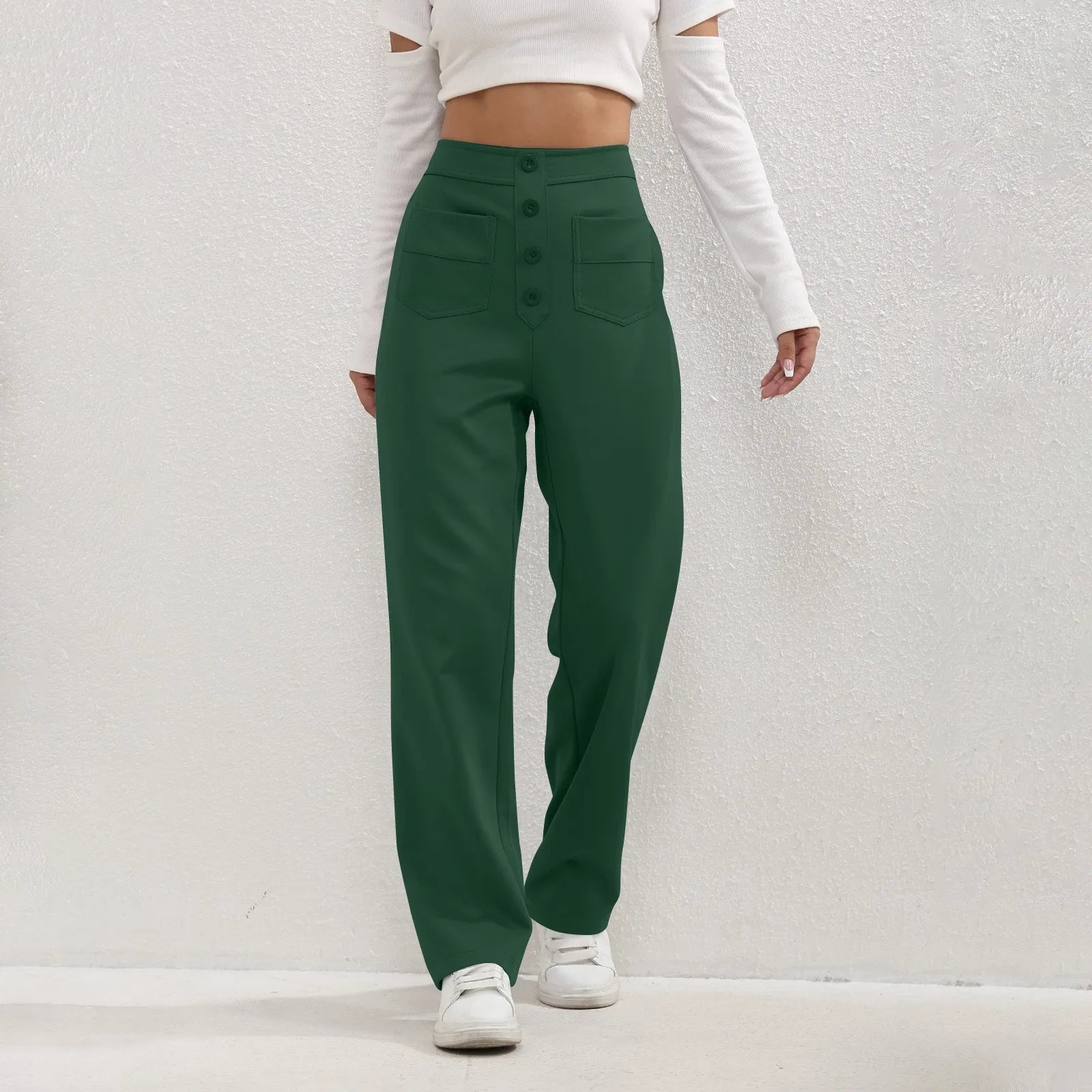 High Waist Straight-Leg Button Trousers
