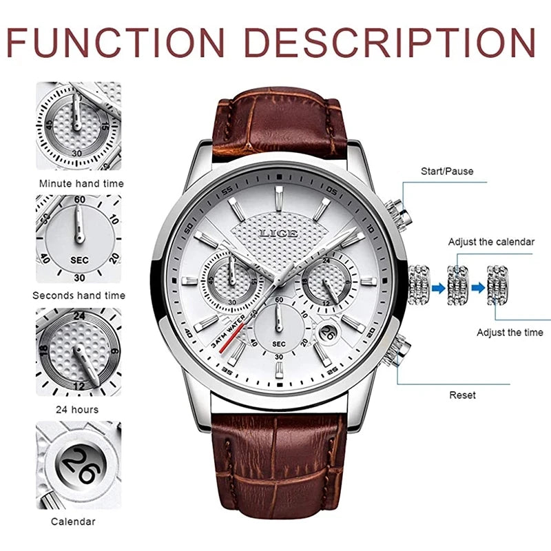 LIGE 2025 Men’s Leather Sport Quartz Watch – Waterproof, Luxury Design
