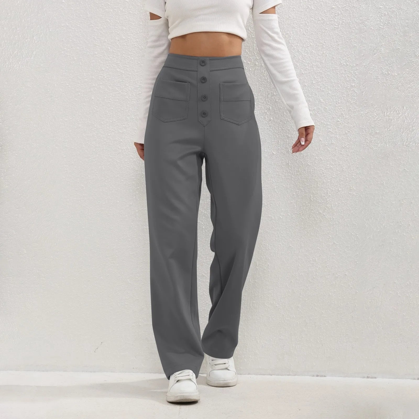 High Waist Straight-Leg Button Trousers