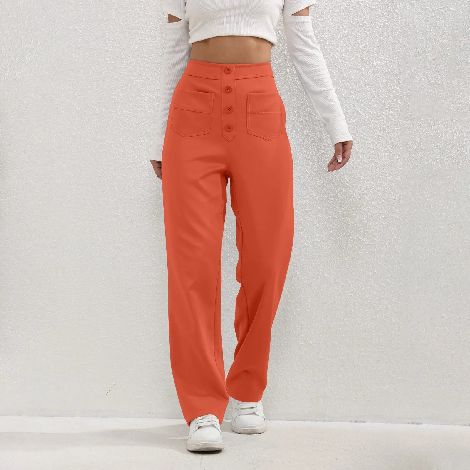 High Waist Straight-Leg Button Trousers