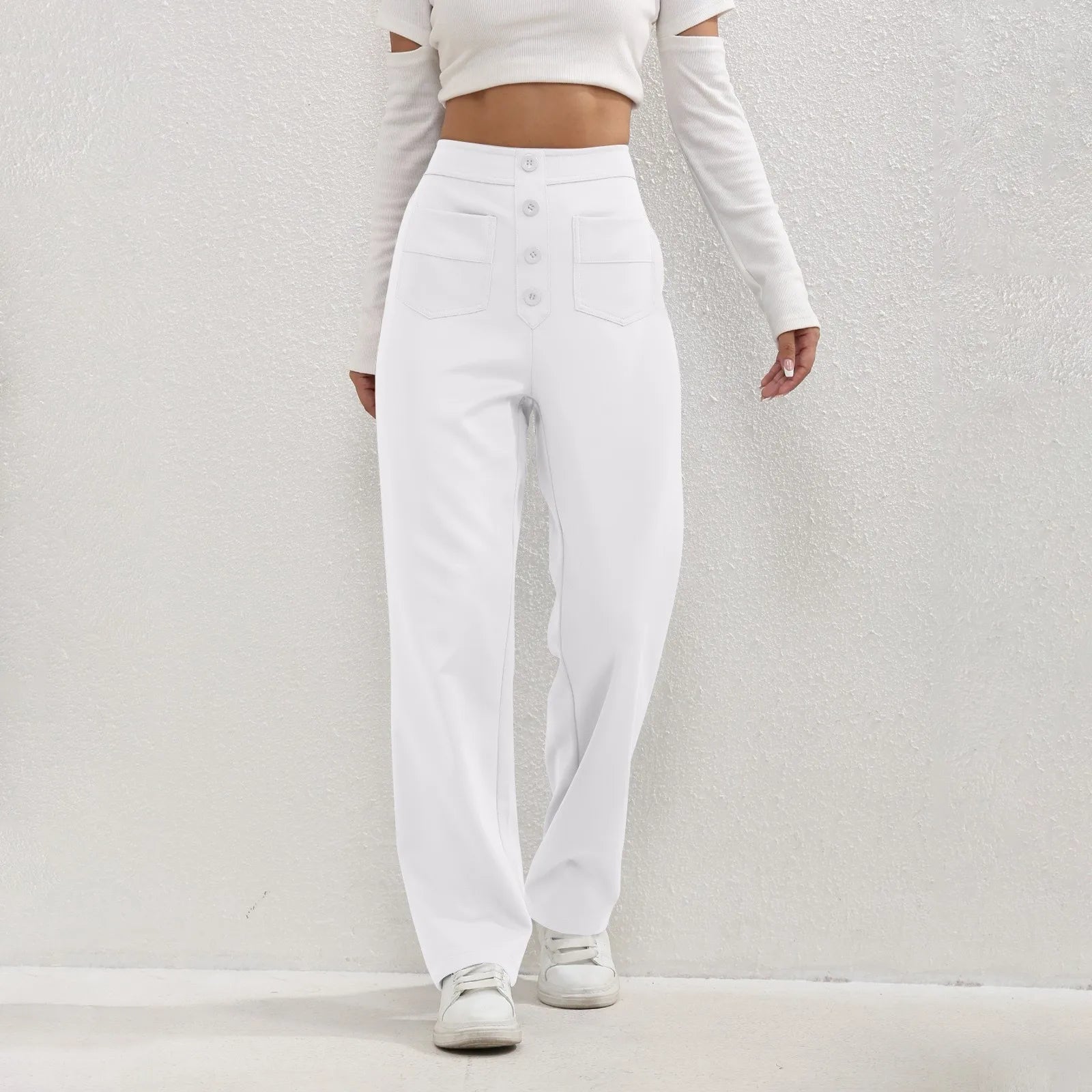 High Waist Straight-Leg Button Trousers