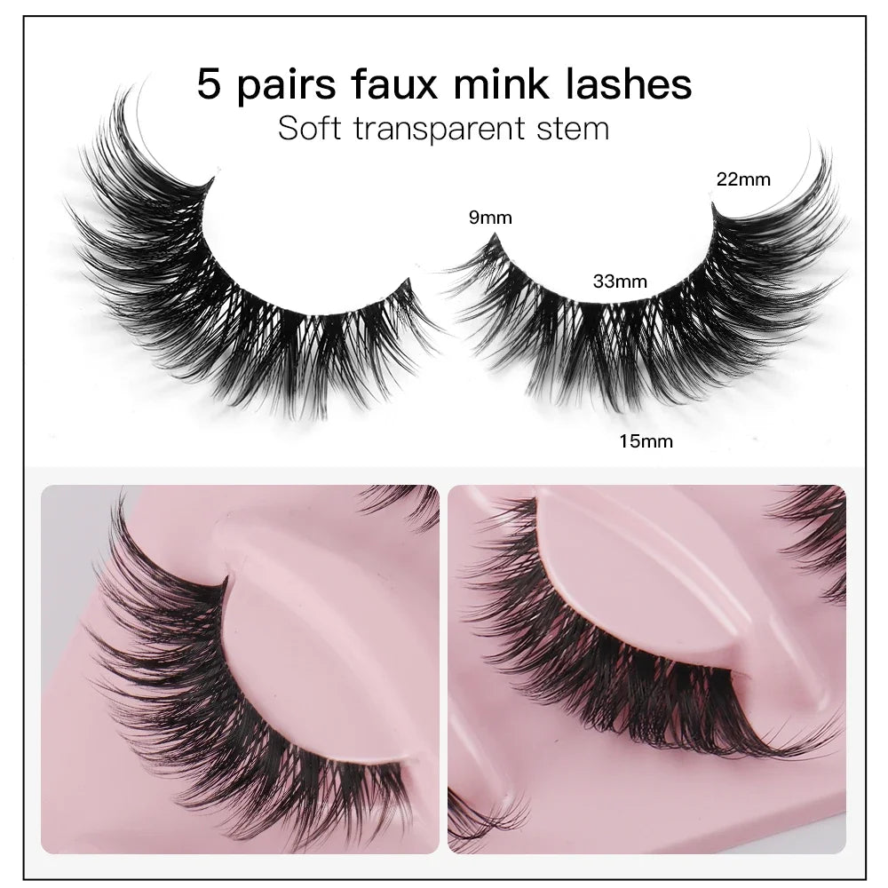 5 Pairs Cat Eye Faux-Mink Lashes – Long, Winged & Volumising