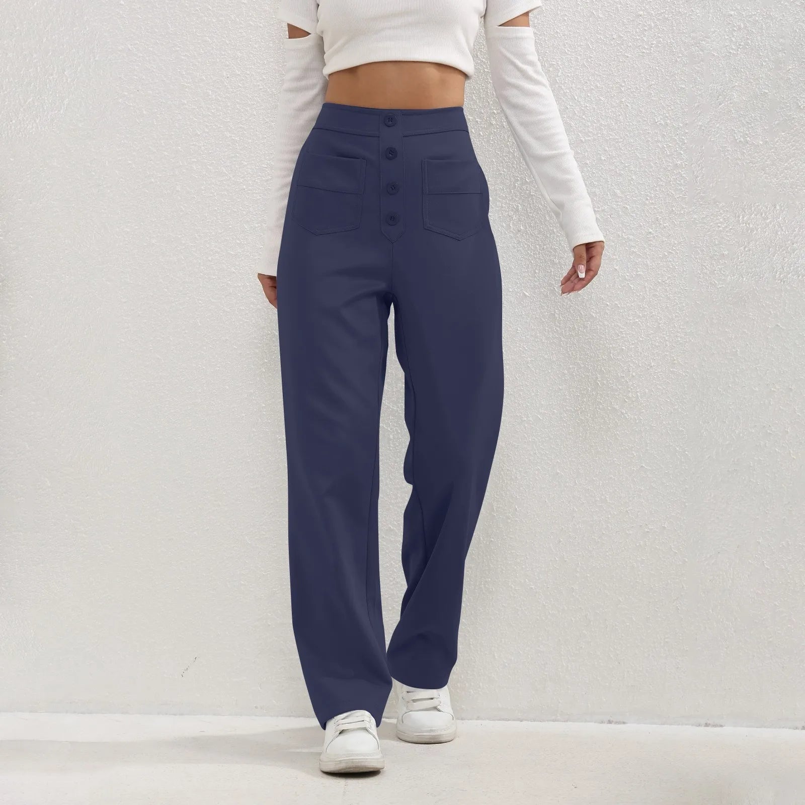 High Waist Straight-Leg Button Trousers