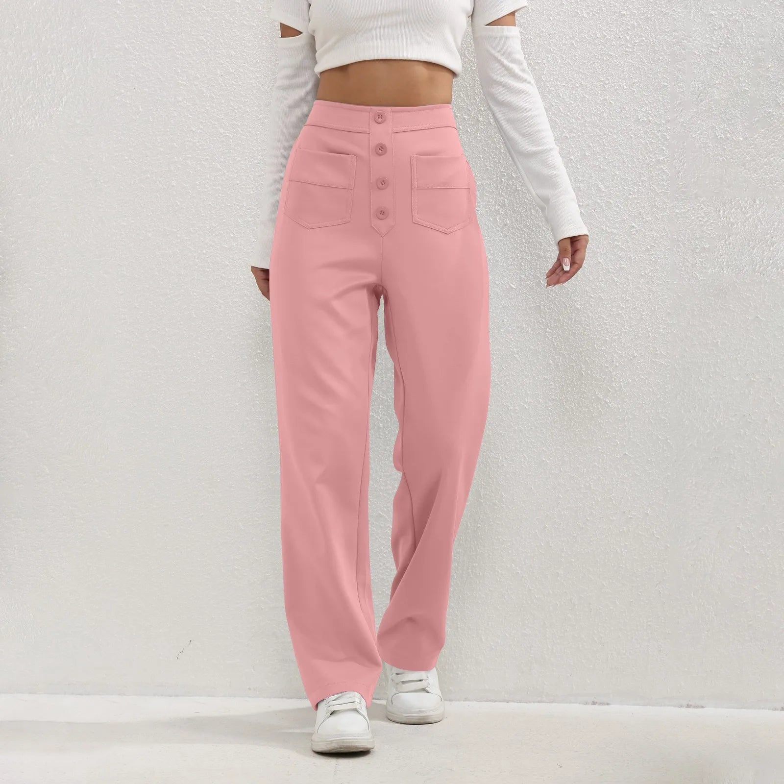 High Waist Straight-Leg Button Trousers
