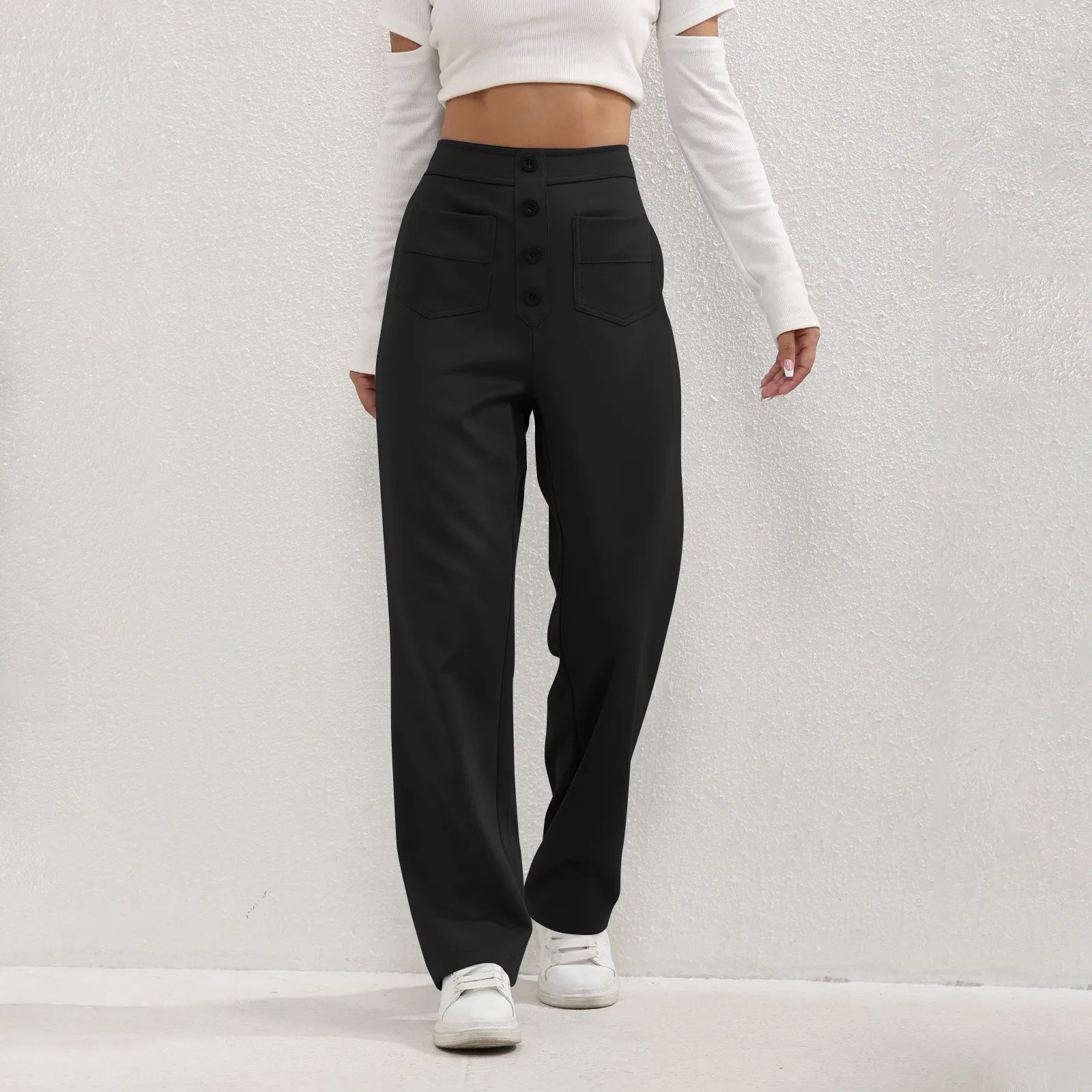 High Waist Straight-Leg Button Trousers
