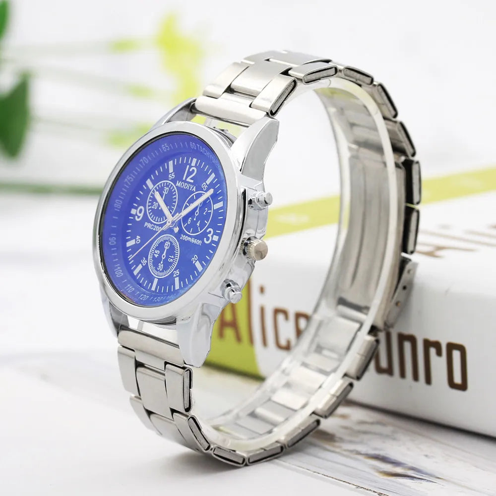 Men’s Stainless Steel Strip Casual Fashion Business No Waterproof Three Eyes Ground Dial Calender Quartz Watch For Gift Giving