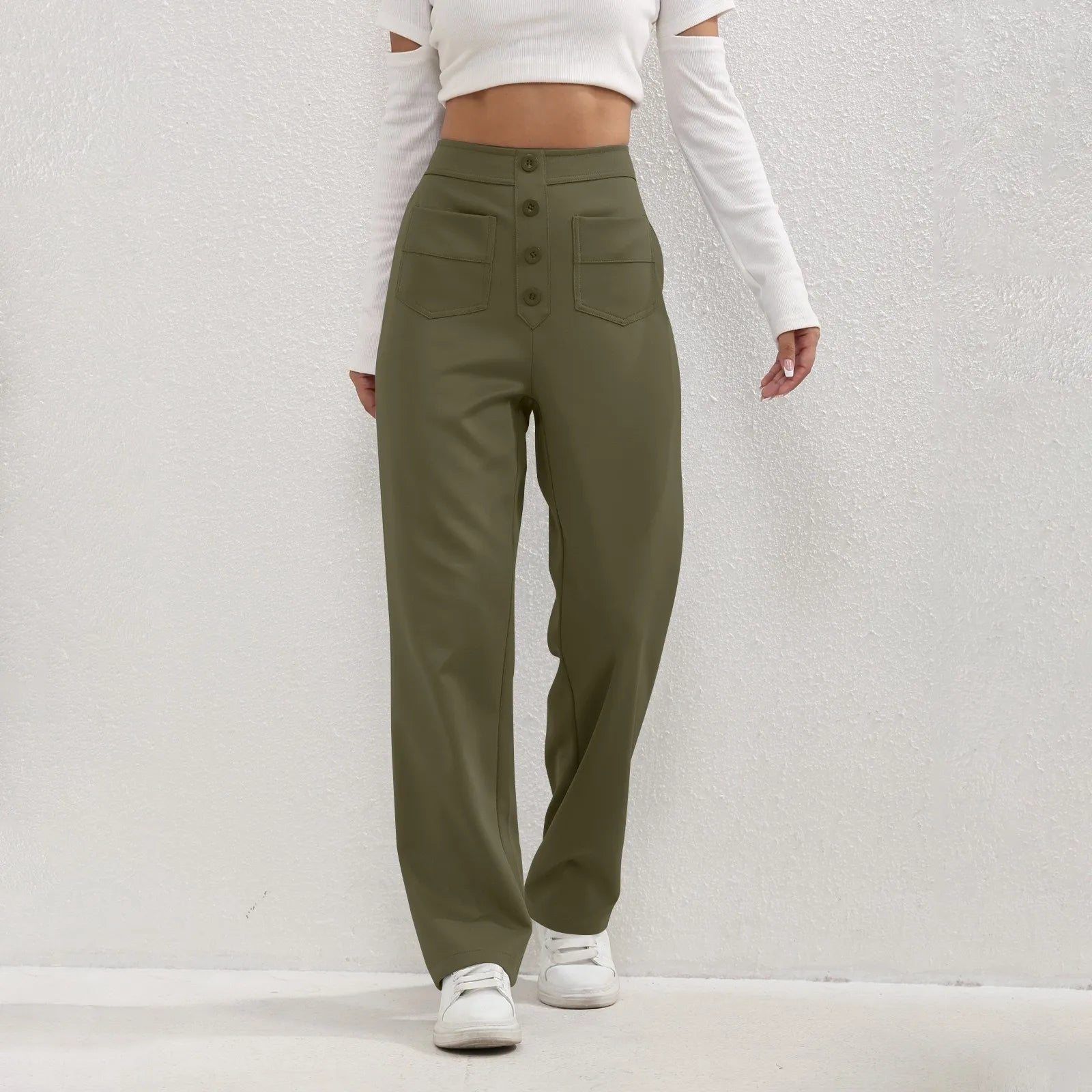 High Waist Straight-Leg Button Trousers