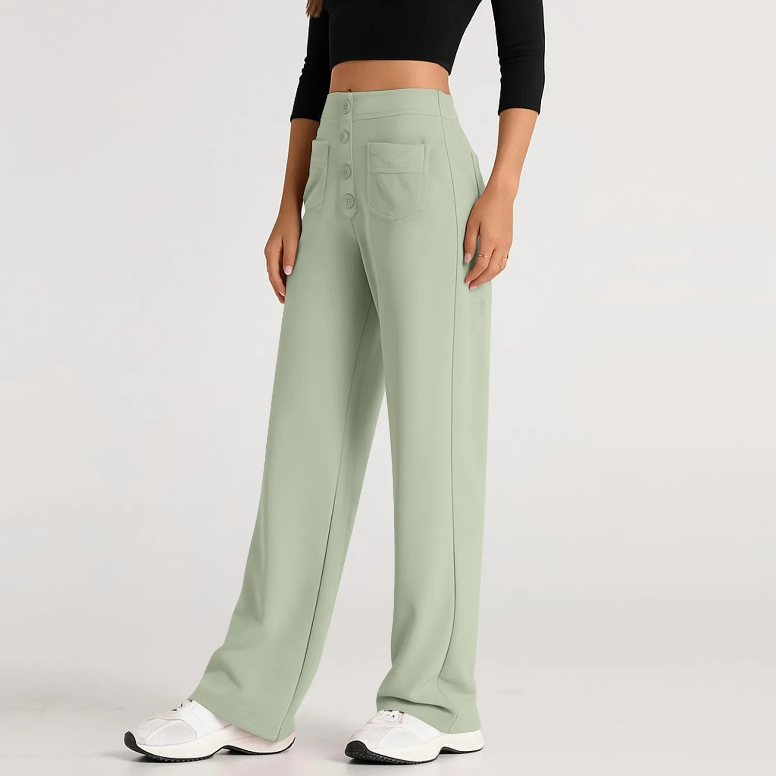 High Waist Straight-Leg Button Trousers