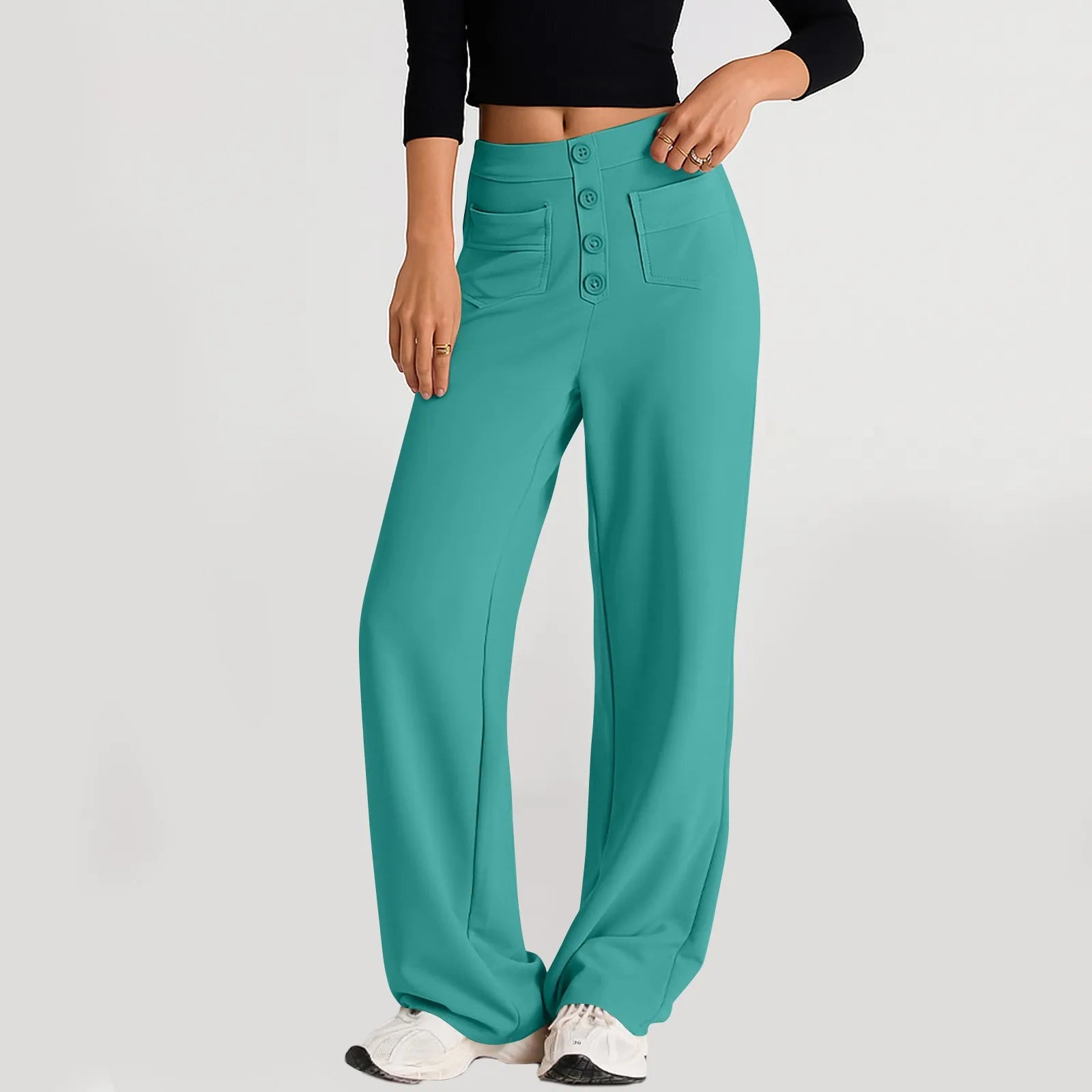 High Waist Straight-Leg Button Trousers