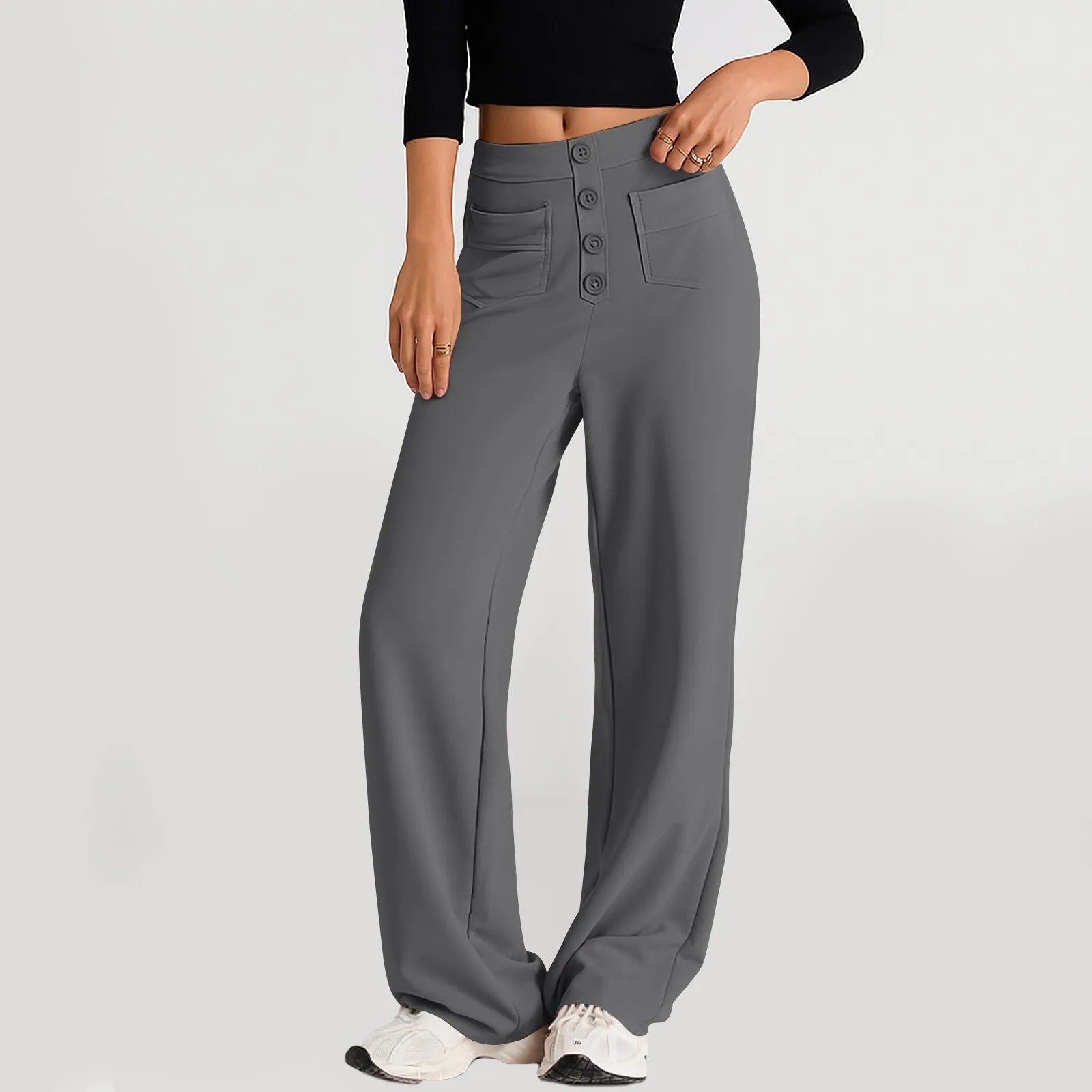 High Waist Straight-Leg Button Trousers