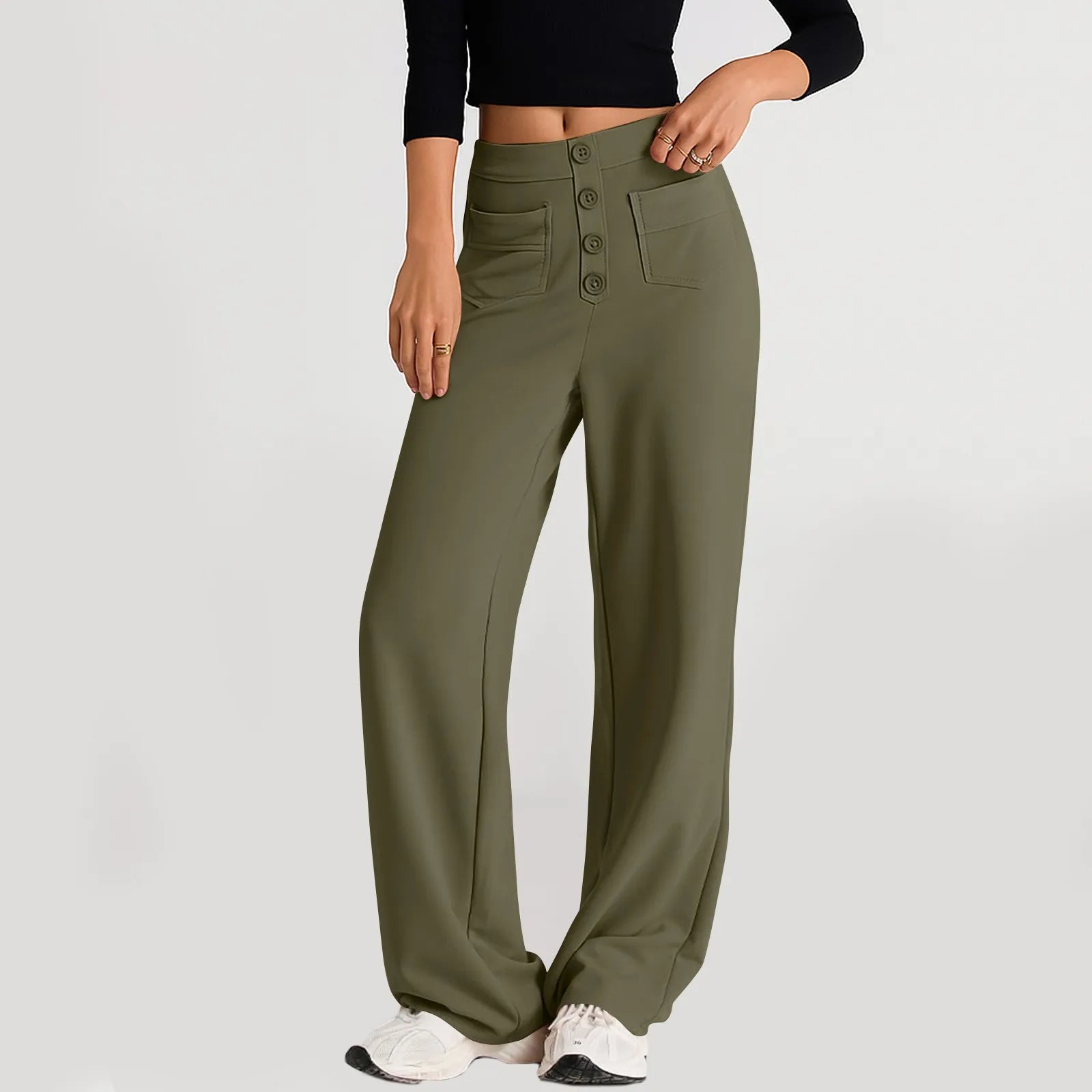 High Waist Straight-Leg Button Trousers