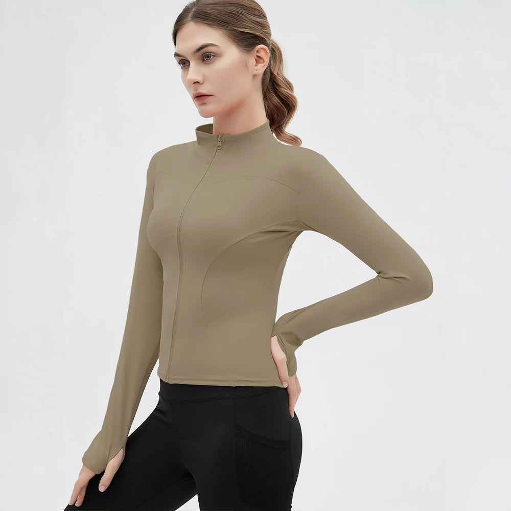 women’s fitness outfit side view zip jacket and slim fit yoga leggings