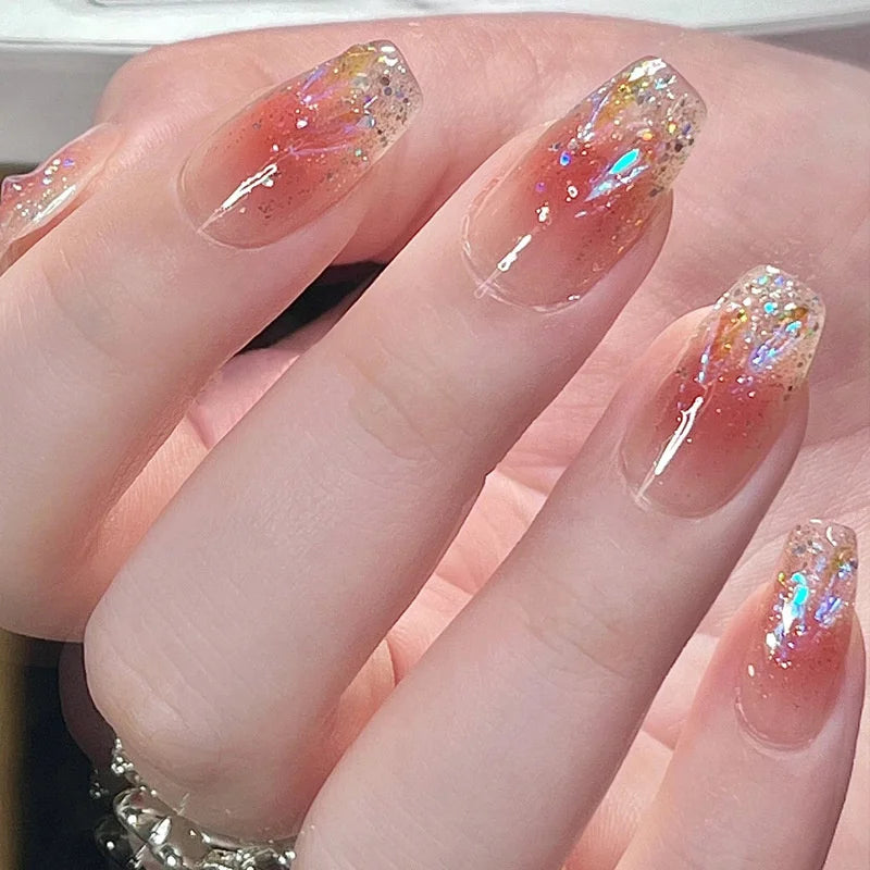 24pcs Long Press-On Nails – Glitter Ombre Ballerina | Waterproof, Reusable, Jelly Glue Included